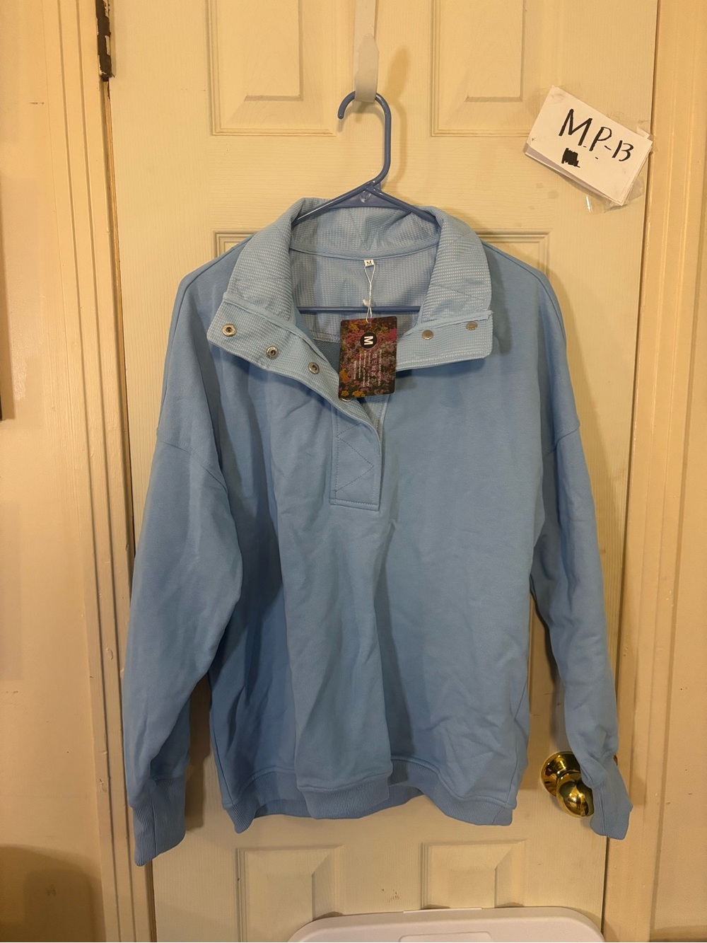 Light Blue Pullover Sweatshirt with Snap Collar